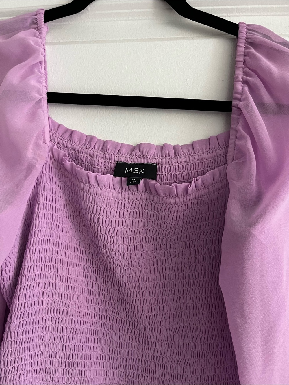 MSK Lavender Smocked Dress with Sheer Puff Sleeves